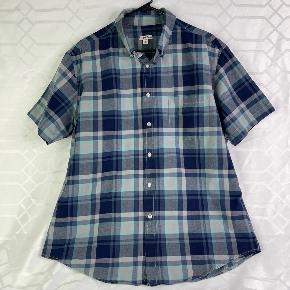 Merona Casual Plaid Blue/Gray Short Sleeve Button Down Shirt Size L
